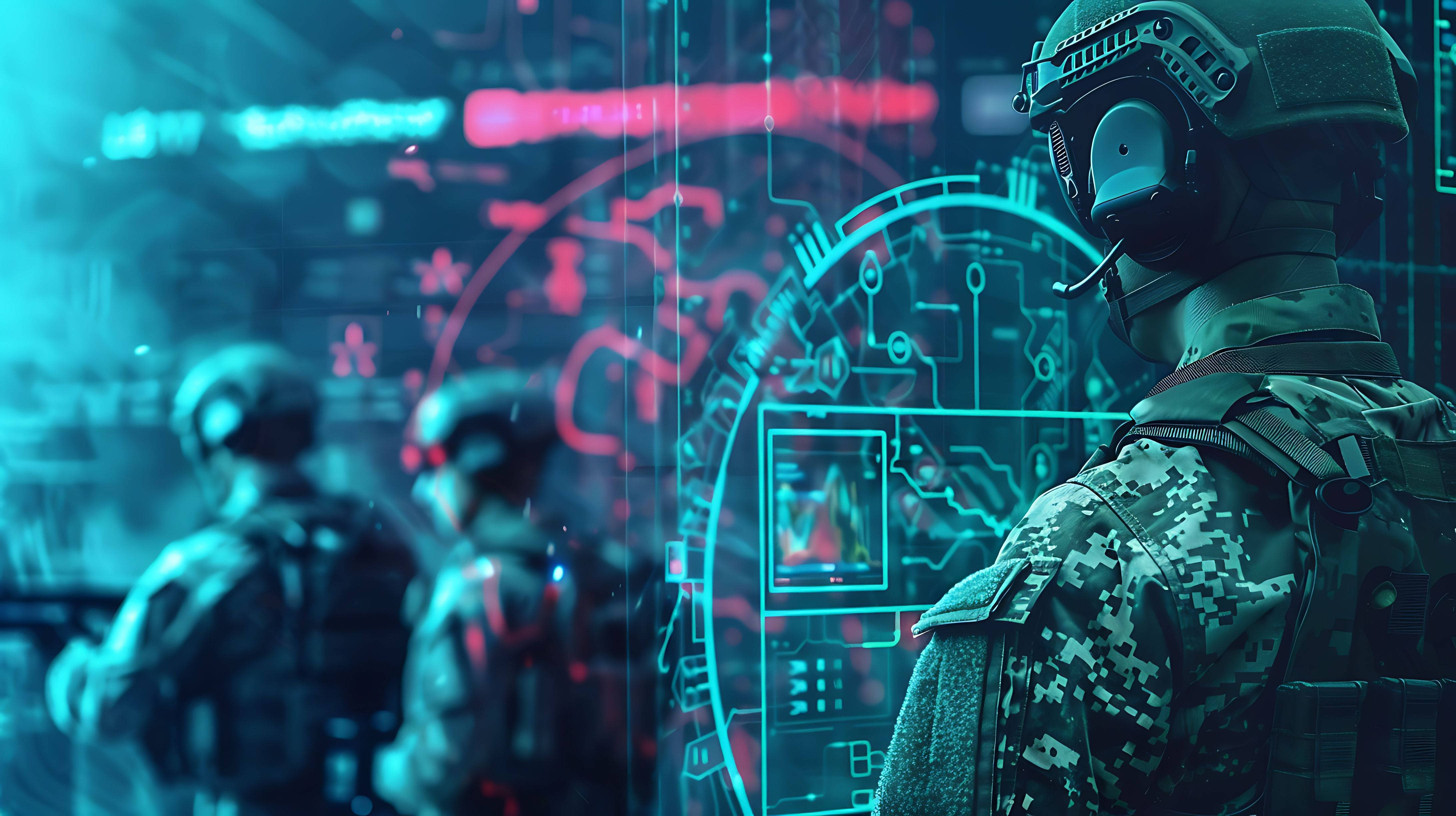 man gas mask stands front monitor with blue background with man gas mask