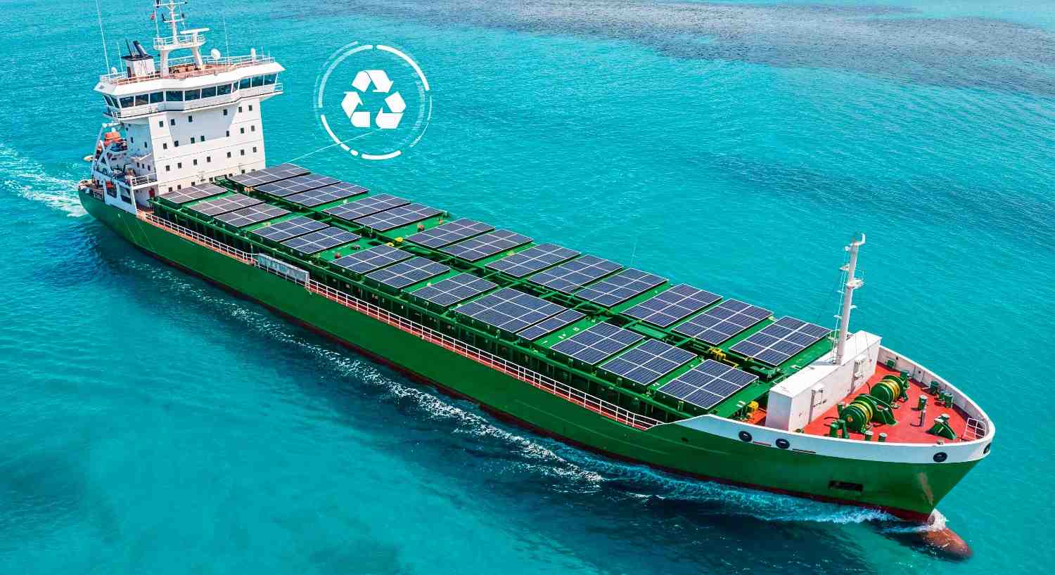 cargo ship with solar panels recycling symbol (1)