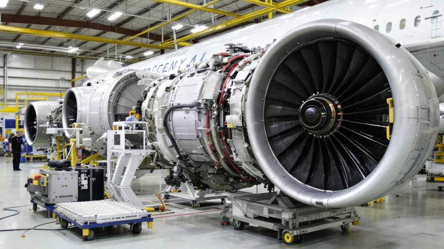 large jet engine is factory with other parts waiting repair maintenance (2)