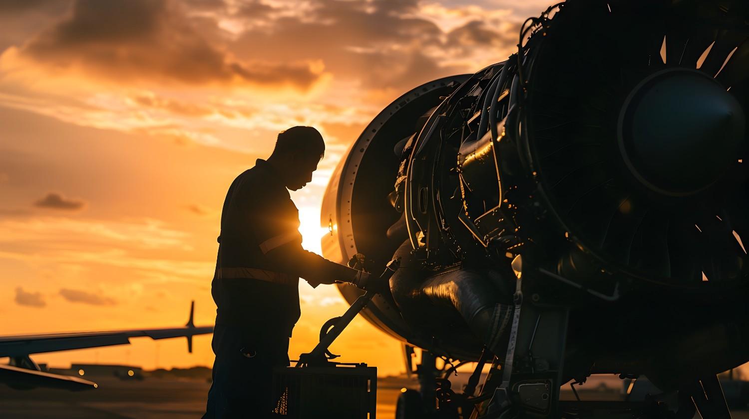 skilled technician silhouetted repairing aircraft engine industrial workshop (1)
