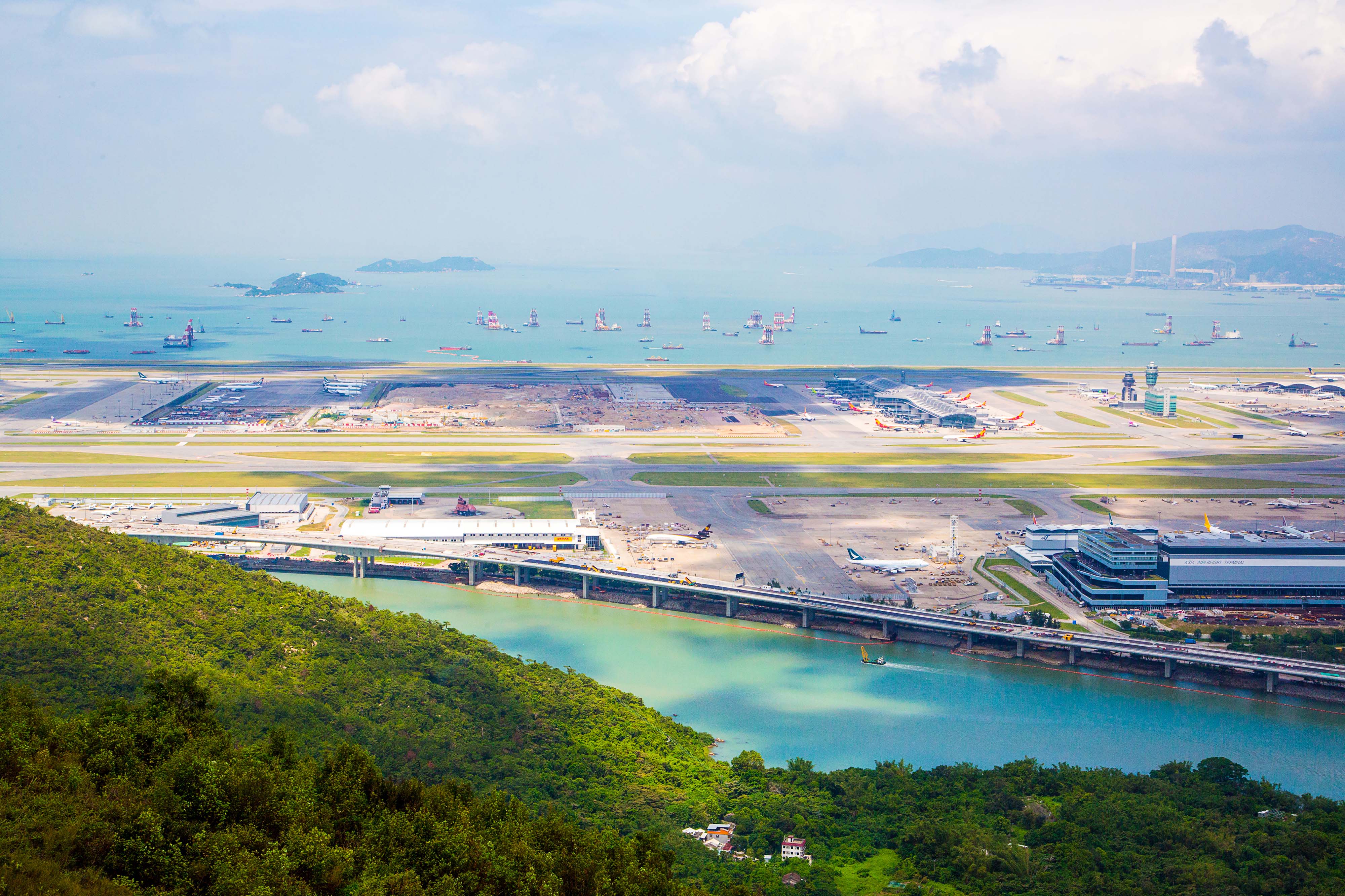 aerial view lantau island bridge ocean hong kong summery vibe aerial view lantau island bridge ocean hong kong summery vibe