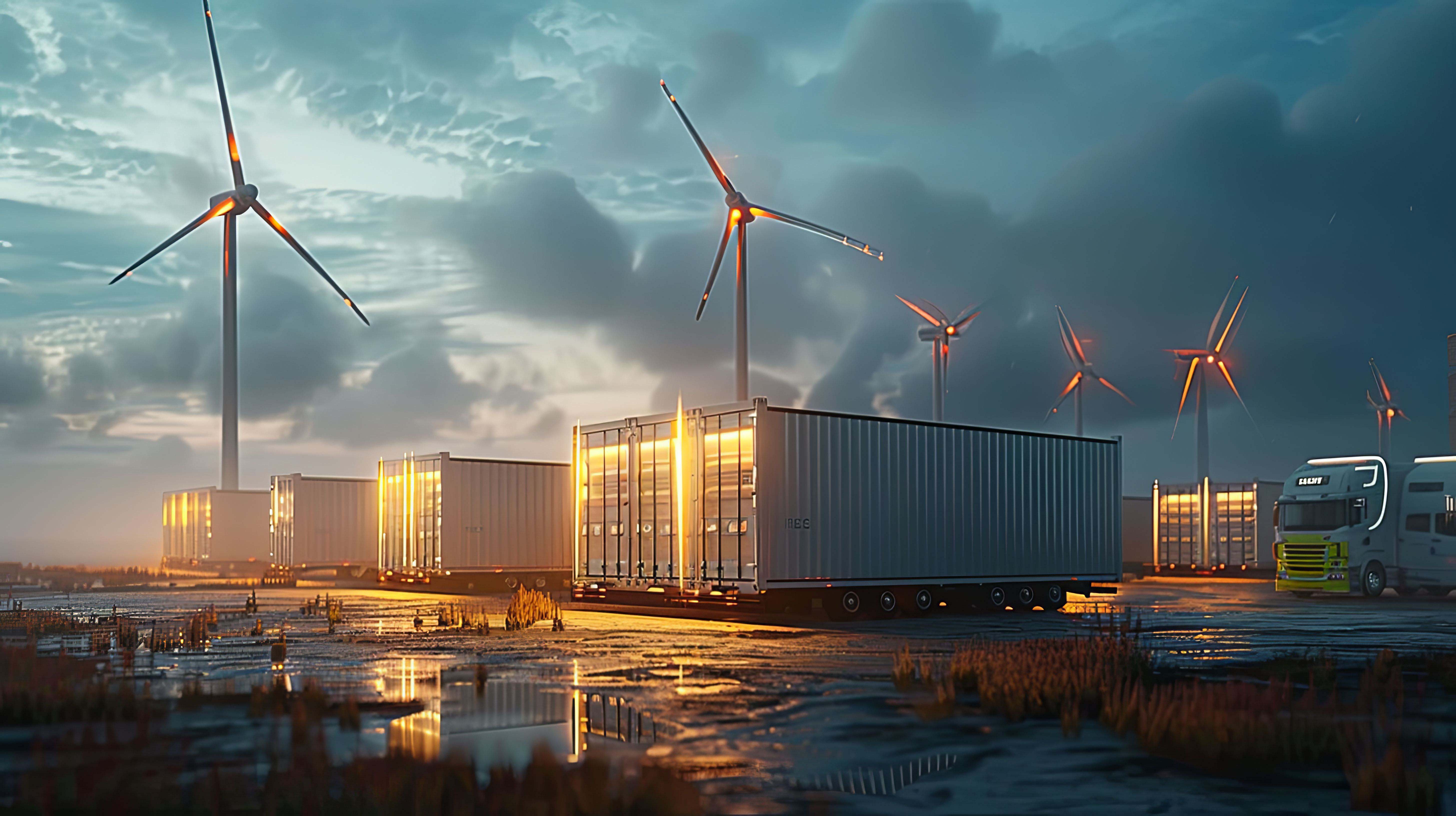 line cargo containers illuminated dusk with wind turbines background.jpg